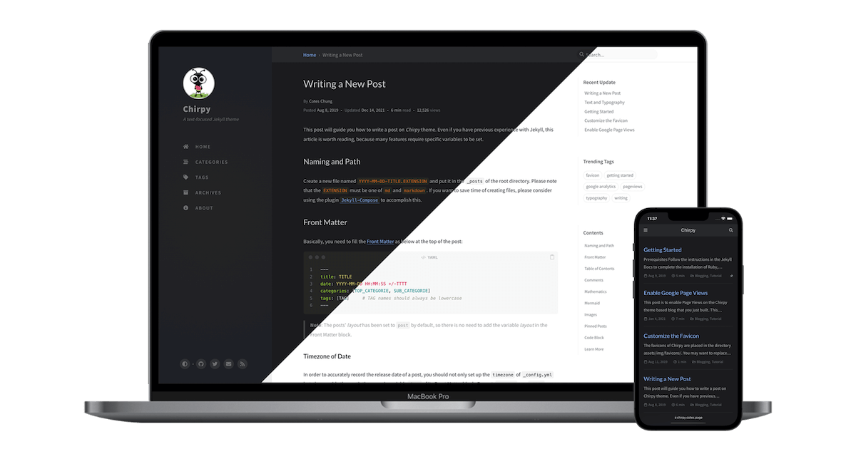 Affichage réactif du thème Chirpy sur plusieurs appareils.